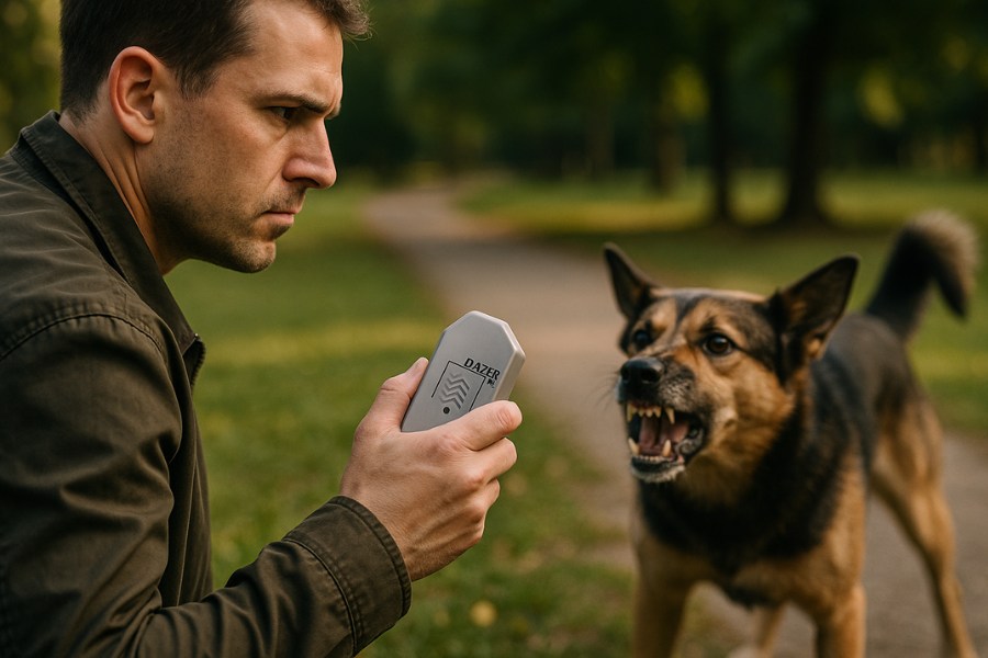 Mężczyzna trzyma odstraszacz psów Dazer II, kuca obok agresywnego i szczekającego psa w parku.