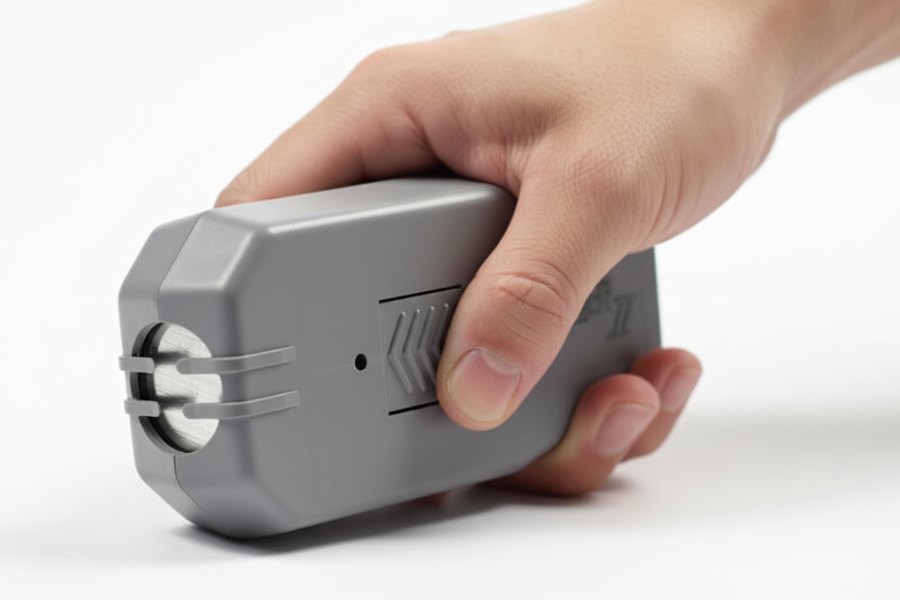 Dazer II na białym tle trzymany w dłoni. Widoczne przycisk i przednia część urządzenia.