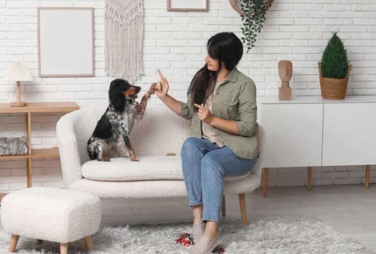 Kobieta trenuje psa w domu, ucząc go podawania łapy na kanapie w jasnym wnętrzu.