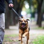 Pies poddczas spaceru biegnie, ciągnąc właściciela na smyczy. W tle widoczny jest opiekun pupila oraz drzewka i ścieżkę w parku.